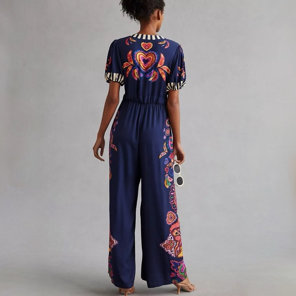 NWT Farm Rio Deep V Jumpsuit Size S Small Navy Blue Hearts Floral Tropical - Picture 7 of 8